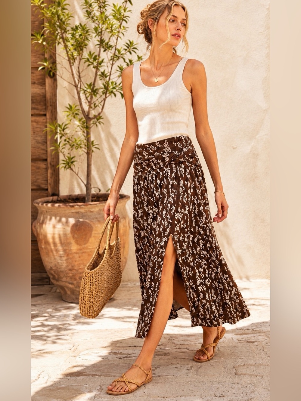 Anthropologie Brown Cream Twist Waist Midi Floral Skirt XS Boho Slit NWT